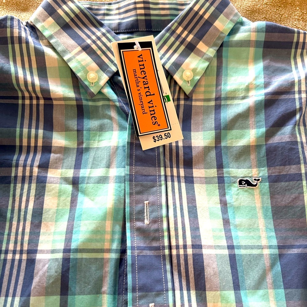 Vineyard Vines Boys Large plaid Whale Shirt NWT